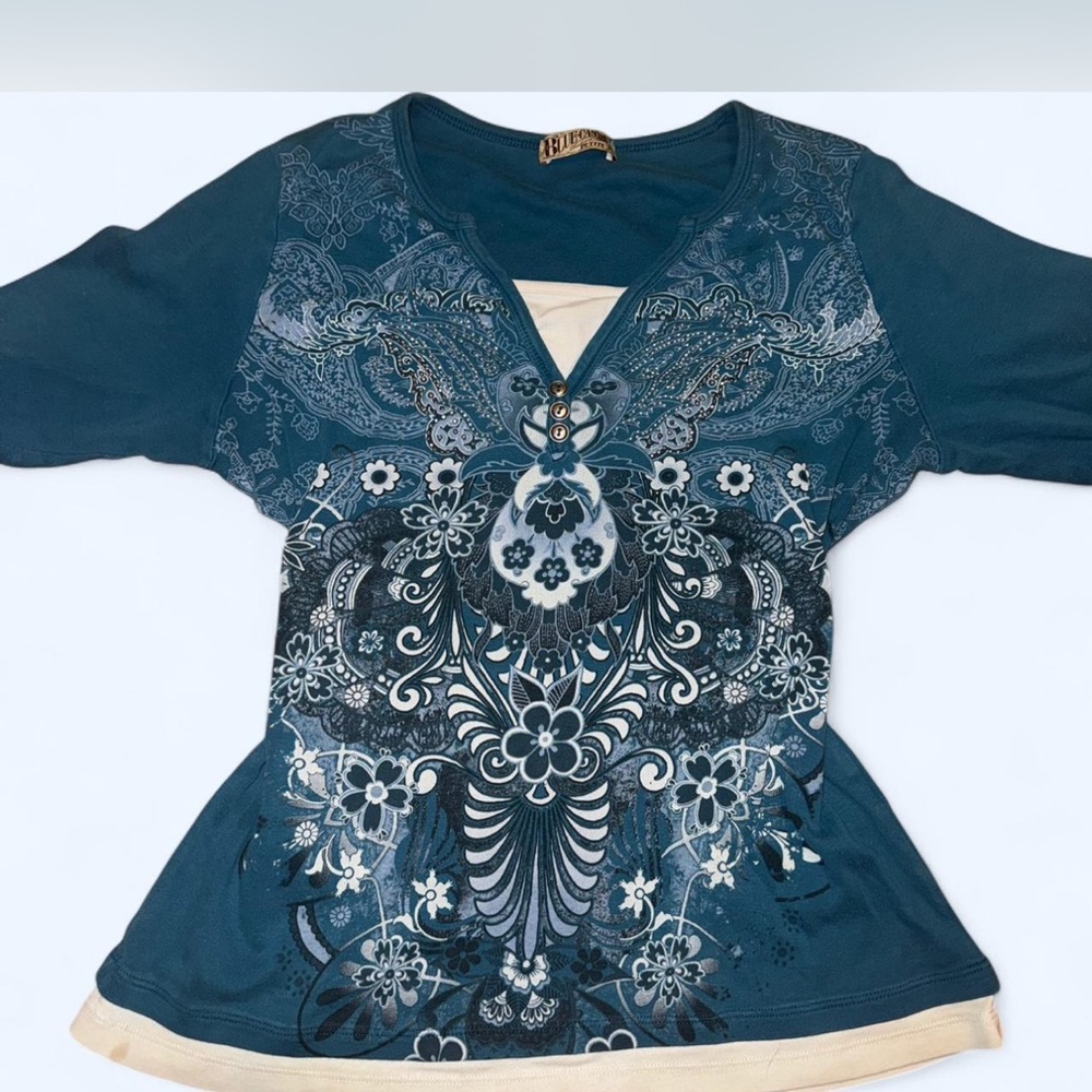 Chico's Teal and Cream Floral Long Sleeve Top